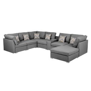 Lilola Home - Amira Gray Fabric Reversible Modular Sectional Sofa with USB Console and Ottoman - 89825-6A