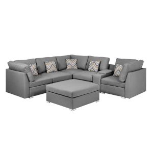 Lilola Home - Amira Gray Fabric Reversible Sectional Sofa with USB Console and Ottoman - 89825-4