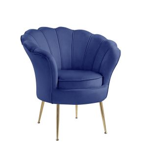Lilola Home - Angelina Blue Velvet Scalloped Back Barrel Accent Chair with Metal Legs - 88880BE