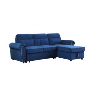 Lilola Home - Ashton Blue Velvet Fabric Reversible Sleeper Sectional Sofa Chaise - 87800BU