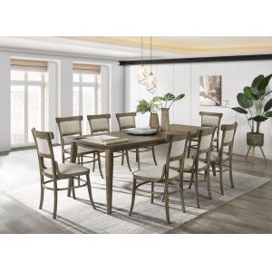 Lilola Home Bistro Vintage Walnut 9 Piece Dining Table with Extension Leaf and Off White Fabric Dining Chairs - 30002-3