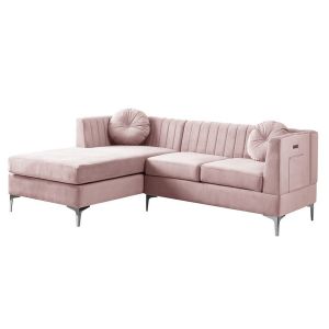 Lilola Home - Chloe Pink Velvet Sectional Sofa Chaise with USB Charging Port - 81399