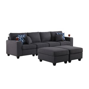 Lilola Home - Cooper Dark Gray Linen 4-Seater Sofa with 2 Ottomans and Cupholder - 89132-17A