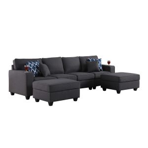 Lilola Home - Cooper Dark Gray Linen 4-Seater Sofa with 2 Ottomans and Cupholder - 89132-17B