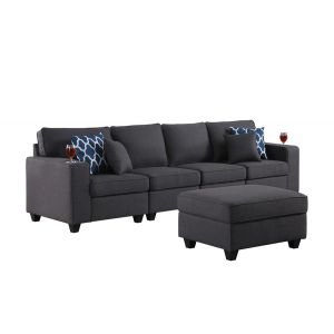 Lilola Home - Cooper Dark Gray Linen 4-Seater Sofa with Ottoman and Cupholder - 89132-16A