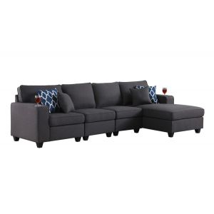 Lilola Home - Cooper Dark Gray Linen 4Pc Sectional Sofa Chaise with Cupholder - 89132-11