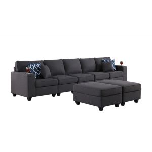 Lilola Home - Cooper Dark Gray Linen 5-Seater Sofa with 2 Ottomans and Cupholder - 89132-20A