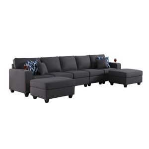 Lilola Home - Cooper Dark Gray Linen 5-Seater Sofa with 2 Ottomans and Cupholder - 89132-20B