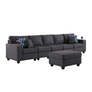 Lilola Home - Cooper Dark Gray Linen 5-Seater Sofa with Ottoman and Cupholder - 89132-19A
