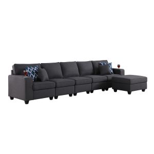 Lilola Home - Cooper Dark Gray Linen 5-Seater Sofa with Ottoman and Cupholder - 89132-19B