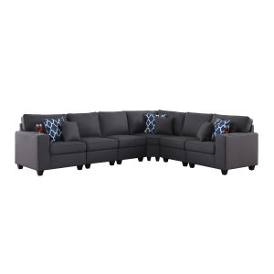 Lilola Home - Cooper Dark Gray Linen 6Pc Reversible L-Shape Sectional Sofa with Cupholder - 89132-4B