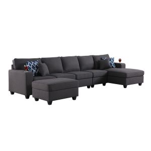 Lilola Home - Cooper Dark Gray Linen 6Pc Sectional Sofa Chaise with Ottoman and Cupholder - 89132-7B