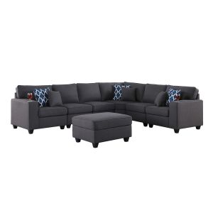 Lilola Home - Cooper Dark Gray Linen 7Pc Reversible L-Shape Sectional Sofa with Ottoman and Cupholder - 89132-2C