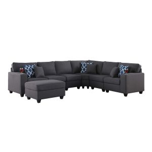 Lilola Home - Cooper Dark Gray Linen 7Pc Reversible L-Shape Sectional Sofa with Ottoman and Cupholder - 89132-2D