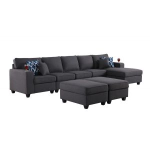 Lilola Home - Cooper Dark Gray Linen Sectional Sofa Chaise with 2 Ottomans and Cupholder - 89132-8