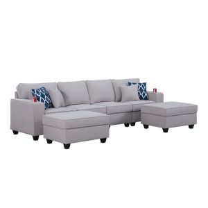 Lilola Home - Cooper Light Gray Linen 4-Seater Sofa with 2 Ottomans and Cupholder - 89131-17B