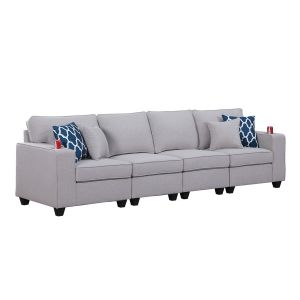 Lilola Home - Cooper Light Gray Linen 4-Seater Sofa with Cupholder - 89131-15