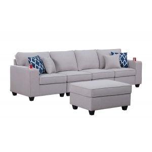 Lilola Home - Cooper Light Gray Linen 4-Seater Sofa with Ottoman and Cupholder - 89131-16A