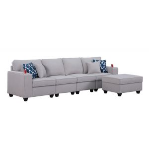 Lilola Home - Cooper Light Gray Linen 4-Seater Sofa with Ottoman and Cupholder - 89131-16B