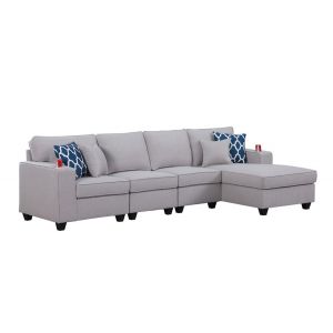 Lilola Home - Cooper Light Gray Linen 4Pc Sectional Sofa Chaise with Cupholder - 89131-11