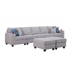 Lilola Home - Cooper Light Gray Linen 5-Seater Sofa with 2 Ottomans and Cupholder - 89131-20A