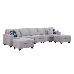 Lilola Home - Cooper Light Gray Linen 5-Seater Sofa with 2 Ottomans and Cupholder - 89131-20B