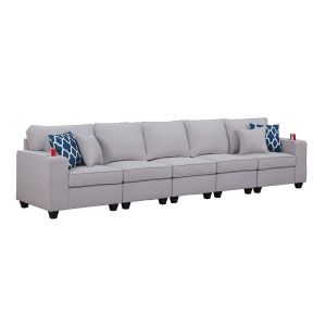 Lilola Home - Cooper Light Gray Linen 5-Seater Sofa with Cupholder - 89131-18
