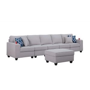Lilola Home - Cooper Light Gray Linen 5-Seater Sofa with Ottoman and Cupholder - 89131-19A