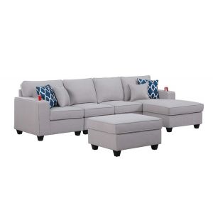 Lilola Home - Cooper Light Gray Linen 5Pc Sectional Sofa Chaise with Ottoman and Cupholder - 89131-6A