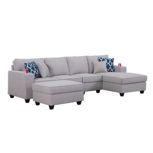 Lilola Home - Cooper Light Gray Linen 5Pc Sectional Sofa Chaise with Ottoman and Cupholder - 89131-6B