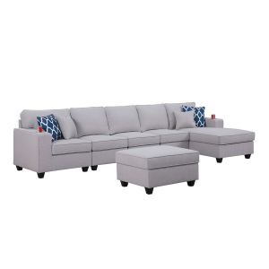 Lilola Home - Cooper Light Gray Linen 6Pc Sectional Sofa Chaise with Ottoman and Cupholder - 89131-7A
