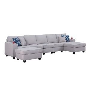 Lilola Home - Cooper Light Gray Linen 6Pc Sectional Sofa Chaise with Ottoman and Cupholder - 89131-7B