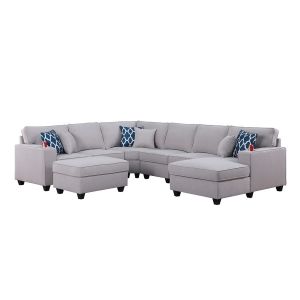 Lilola Home - Cooper Light Gray Linen 7Pc Modular Sectional Sofa Chaise with Ottoman and Cupholder - 89131-1