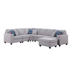 Lilola Home - Cooper Light Gray Linen 7Pc Reversible L-Shape Sectional Sofa with Ottoman and Cupholder - 89131-2B