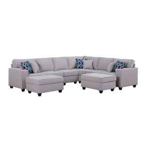 Lilola Home - Cooper Light Gray Linen 8Pc Reversible L-Shape Sectional Sofa with Ottomans and Cupholder - 89131-5B