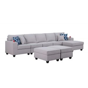 Lilola Home - Cooper Light Gray Linen Sectional Sofa Chaise with 2 Ottomans and Cupholder - 89131-8