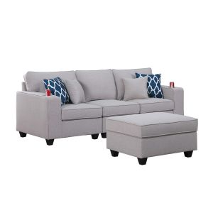 Lilola Home - Cooper Light Gray Linen Sofa with Ottoman and Cupholder - 89131-14A