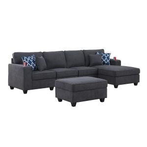 Lilola Home - Cooper Stone Gray Woven Fabric 5Pc Sectional Sofa Chaise with Ottoman and Cupholder - 89133-6A