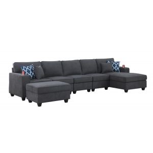 Lilola Home - Cooper Stone Gray Woven Fabric 6Pc Sectional Sofa Chaise with Ottoman and Cupholder - 89133-7B