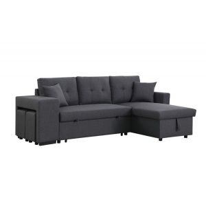 Lilola Home - Dennis Dark Gray Linen Fabric Reversible Sleeper Sectional with Storage Chaise and 2 Stools - 81365