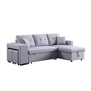 Lilola Home - Dennis Light Gray Linen Fabric Reversible Sleeper Sectional with Storage Chaise and 2 Stools - 81366