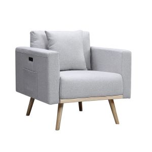 Lilola Home - Easton Light Gray Linen Fabric Chair with USB Charging Ports Pockets & Pillows - 81370LG-C