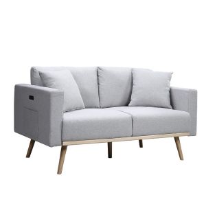 Lilola Home - Easton Light Gray Linen Fabric Loveseat with USB Charging Ports Pockets & Pillows - 81370LG-L