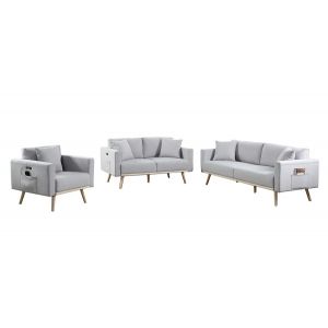 Lilola Home - Easton Light Gray Linen Fabric Sofa Loveseat Chair Living Room Set with USB Charging Ports Pockets & Pillows - 81370LG