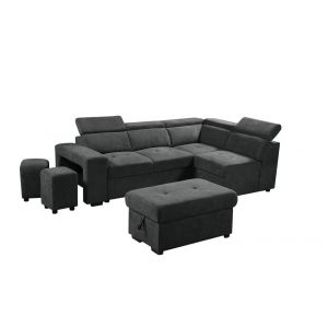Lilola Home - Henrik Dark Gray Sleeper Sectional Sofa with Storage Ottoman and 2 Stools - 89130