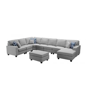 Lilola Home - Irma Light Gray Linen 8Pc Modular L-Shape Sectional Sofa Chaise and Ottoman - 89120-4