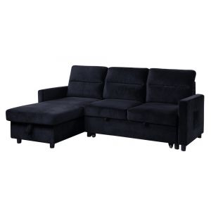 Lilola Home - Ivy Black Velvet Reversible Sleeper Sectional Sofa with Storage Chaise and Side Pocket - 89331