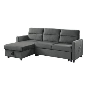 Lilola Home - Ivy Dark Gray Velvet Reversible Sleeper Sectional Sofa with Storage Chaise and Side Pocket - 89331DG