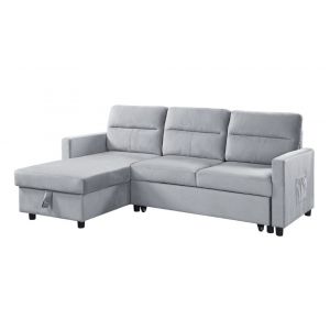 Lilola Home - Ivy Light Gray Velvet Reversible Sleeper Sectional Sofa with Storage Chaise and Side Pocket - 89331LG