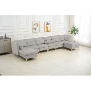 Lilola Home Jaka Light Gray Woven Fabric 6-Seater Sofa with Dropdown Table and Ottoman - 81367LG